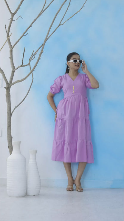 Mitrika Pink V-Neck Puff Sleeve with elastic Hem Midi Dress