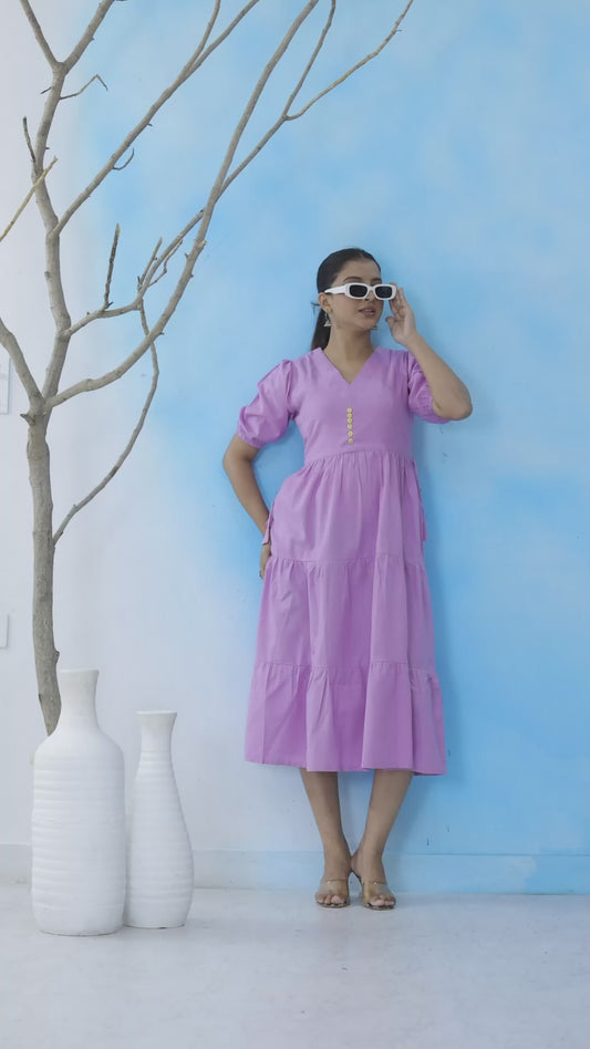 Mitrika Pink V-Neck Puff Sleeve with elastic Hem Midi Dress