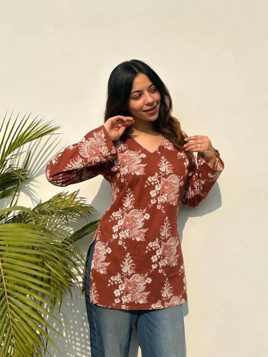 Women Brown Floral Print V-Neck Pure Cotton Kurta Top with Bell Sleeves